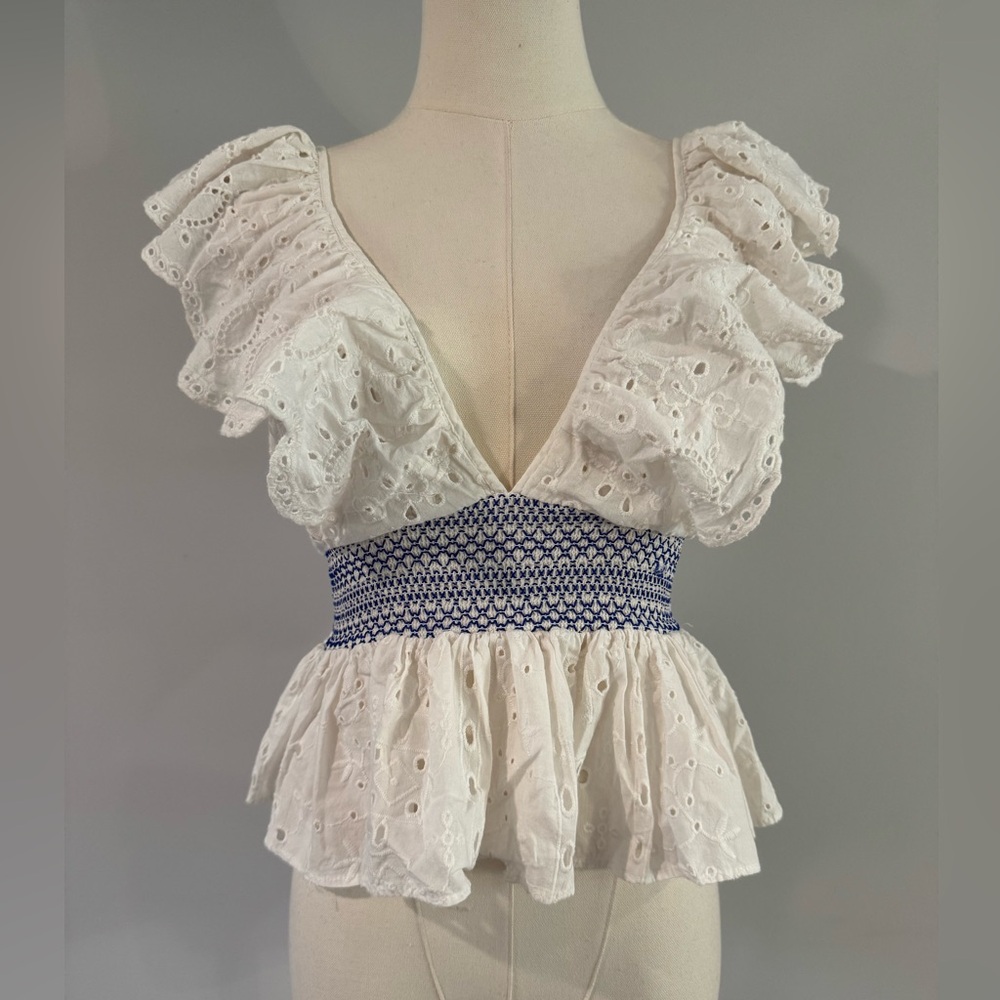 Zara White Eyelet Peplum Top with Blue Waist Detail – Size Small, Deep-V Neck